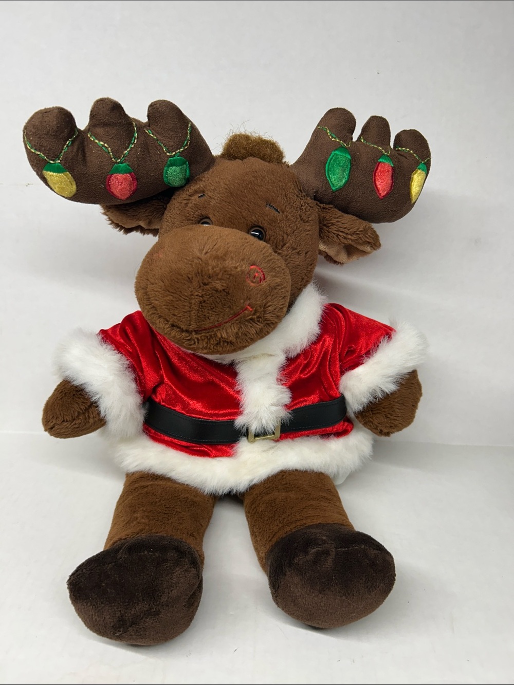 Build-A-Bear Brown Hal the Moose in Red Santa Jacket with Multicolor Lights